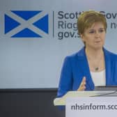 Scotland's First Minister Nicola Sturgeon holds a COVID-19 press briefing in St Andrew's House, Edinburgh.