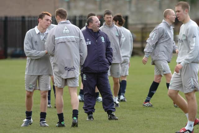 Bobby Williamson with the Hibernian team training at Fettes Police headquarters' pitches.  Picture: Cate Gillon