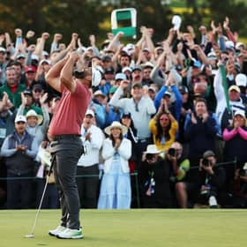 Jon Rahm of Spain celebrates on the 18th green after winning the 2023 Masters at Augusta National Golf Club. Picture: Christian Petersen/Getty Images.