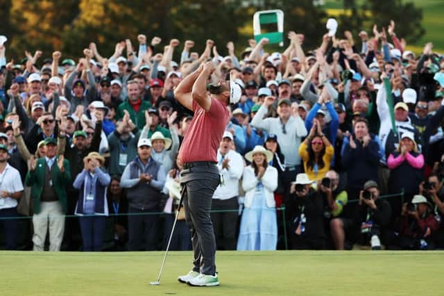 Jon Rahm of Spain celebrates on the 18th green after winning the 2023 Masters at Augusta National Golf Club. Picture: Christian Petersen/Getty Images.