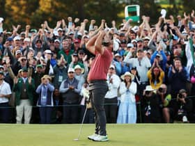 Jon Rahm of Spain celebrates on the 18th green after winning the 2023 Masters at Augusta National Golf Club. Picture: Christian Petersen/Getty Images.