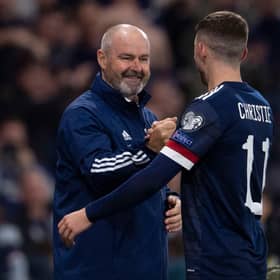 Steve Clarke and Ryan Christie after Scotland's victory over Israel on Saturday. Picture: SNS
