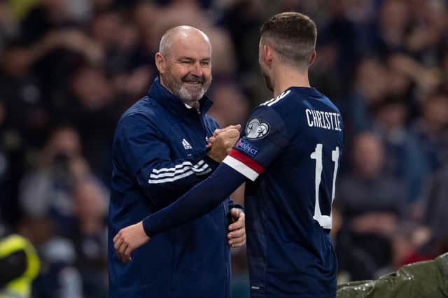 Steve Clarke and Ryan Christie after Scotland's victory over Israel on Saturday. Picture: SNS