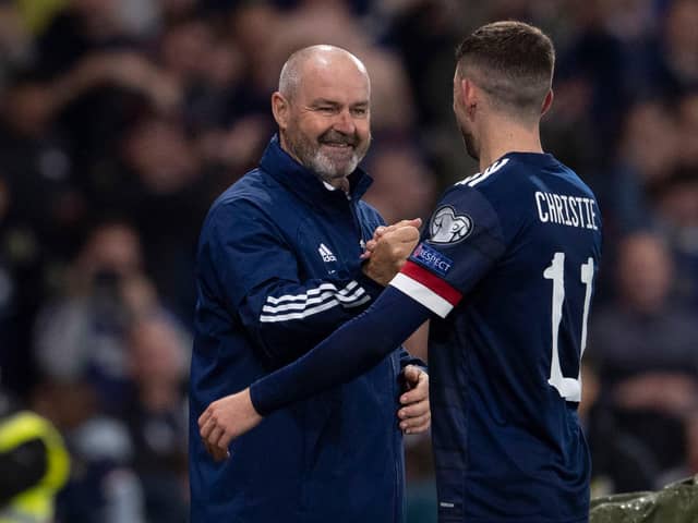 Steve Clarke and Ryan Christie after Scotland's victory over Israel on Saturday. Picture: SNS