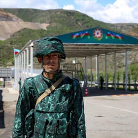 A view of an Azerbaijani checkpoint recently set up at the entry of the Lachin corridor, the Armenian-populated breakaway Nagorno-Karabakh region's only land link with Armenia. Armenia and Azerbaijan have fought two wars over the mountainous enclave of Karabakh.