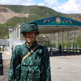 A view of an Azerbaijani checkpoint recently set up at the entry of the Lachin corridor, the Armenian-populated breakaway Nagorno-Karabakh region's only land link with Armenia. Armenia and Azerbaijan have fought two wars over the mountainous enclave of Karabakh.