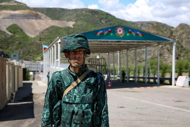 A view of an Azerbaijani checkpoint recently set up at the entry of the Lachin corridor, the Armenian-populated breakaway Nagorno-Karabakh region's only land link with Armenia. Armenia and Azerbaijan have fought two wars over the mountainous enclave of Karabakh.