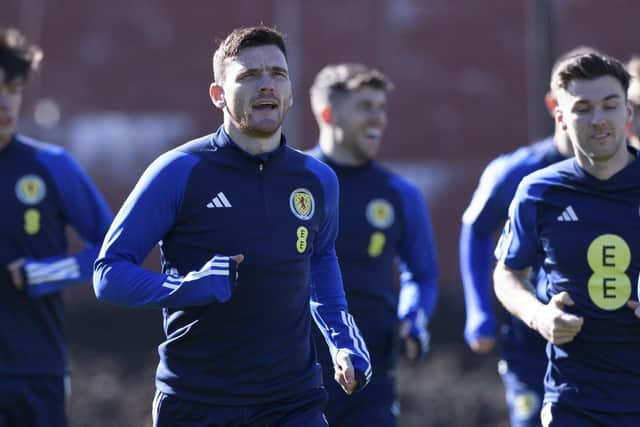 Andy Robertson during a Scotland training session at Lesser Hampden ahead of facing Spain.