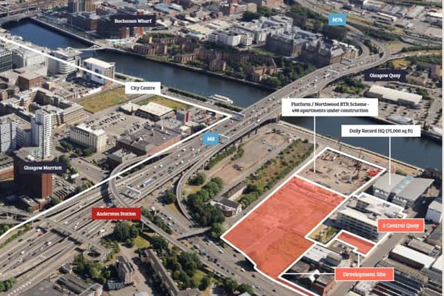 An aerial view showing the Central Quay development site in relation to Glasgow city centre.