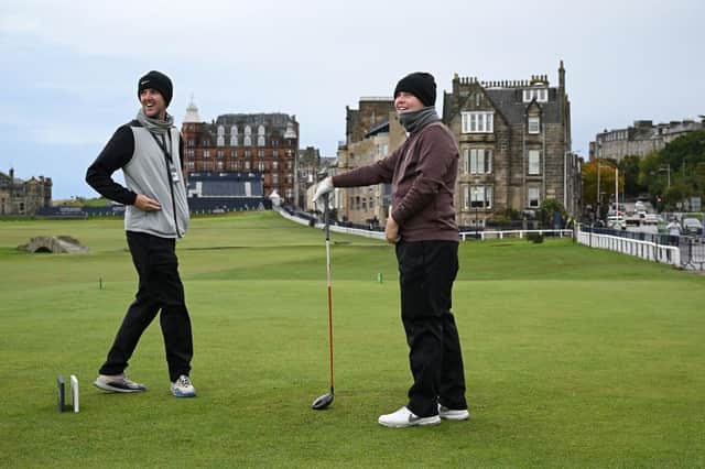 Bob MacIntyre and his caddie Greg Milne on the 18th tee at St Andrews during a practice round prior to the Alfred Dunhill Links Championship. Picture: Octavio Passos/Getty Images.