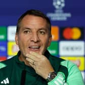 Celtic manager Brendan Rodgers speaks to the media at his pre-match press conference at the Metropolitano stadium in Madrid. (Photo by OSCAR DEL POZO/AFP via Getty Images)