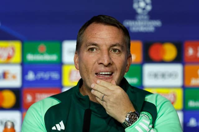 Celtic manager Brendan Rodgers speaks to the media at his pre-match press conference at the Metropolitano stadium in Madrid. (Photo by OSCAR DEL POZO/AFP via Getty Images)