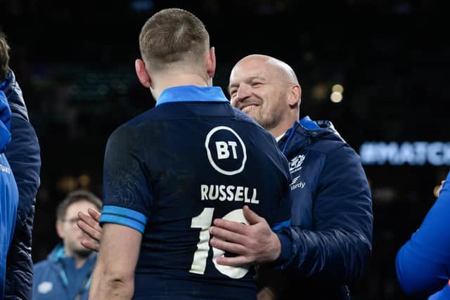 Gregor Townsend with Finn Russell after the win over England at Twickenham. Russell says their relationship is better than ever. (Photo by Craig Williamson / SNS Group)