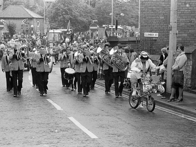 A brass band entertained the crowds druring the procession of the 1980 Mansfield Carnival