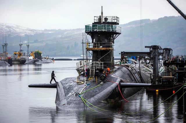 Vanguard-class submarine HMS Vigilant, one of the UK's four nuclear warhead-carrying submarines, at Faslane naval base