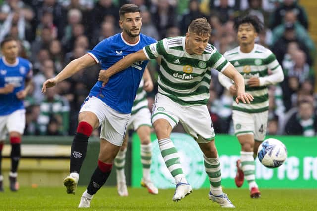 Antonio Colak in action for Rangers with Carl Starfelt of Celtic during a cinch Premiership match between the two clubs in September.