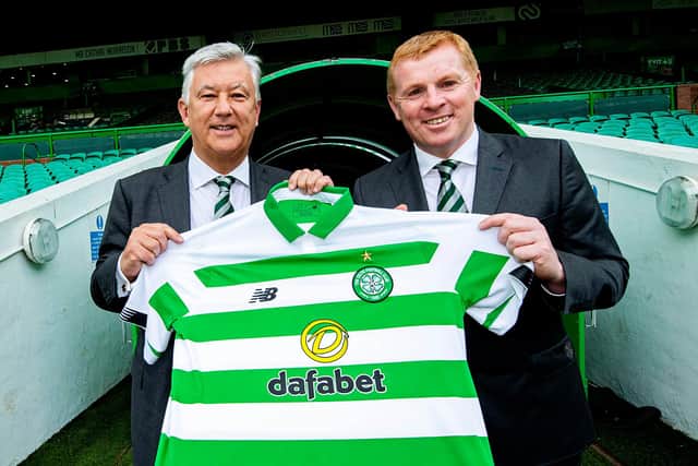 Neil Lennon is pictured alongside Celtic chief executive Peter Lawwell  in May 2019 as he is confirmed as the new manager of Celtic on a permanent basis for the second time. (Photo by Bill Murray/SNS Group0.