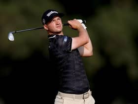 David Law plays his second shot on the 16th hole on day two of the Ras Al Khaimah Championship at Al Hamra Golf Club in the United Arab Emirates. Picture: Warren Little/Getty Images.