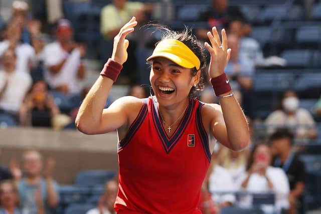 Emma Raducanu celebrates match point against Belinda Bencic in the quarter-finals. Picture: Getty