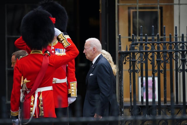 US President Joe Biden accompanied by the First Lady Jill Biden arriving at the State Funeral of Queen Elizabeth II, held at Westminster Abbey, London. Picture date: Monday September 19, 2022.