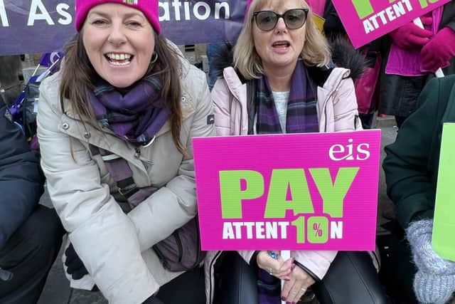 Teachers on strike gather outside Edinburgh City Chambers. Members of Scotland's largest teaching union, the EIS, are also due to take strike action this Thursday, November 24. Picture, Lisa Ferguson