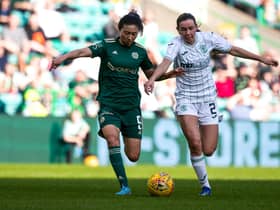 Mengyu Shen and Shannon Leishman compete for the ball in the SWPL clash at Celtic Park between Celtic and Hibs. (Photo by Craig Williamson / SNS Group)