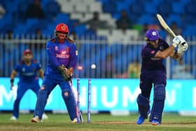 Kyle Coetzer of Scotland is bowled by Mujeeb Ur Rahman of Afghanistan.