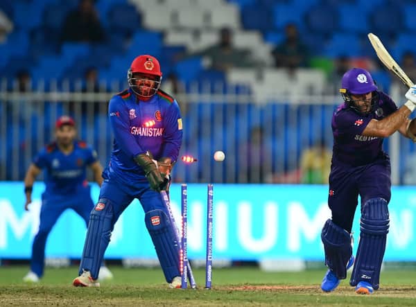 Kyle Coetzer of Scotland is bowled by Mujeeb Ur Rahman of Afghanistan.