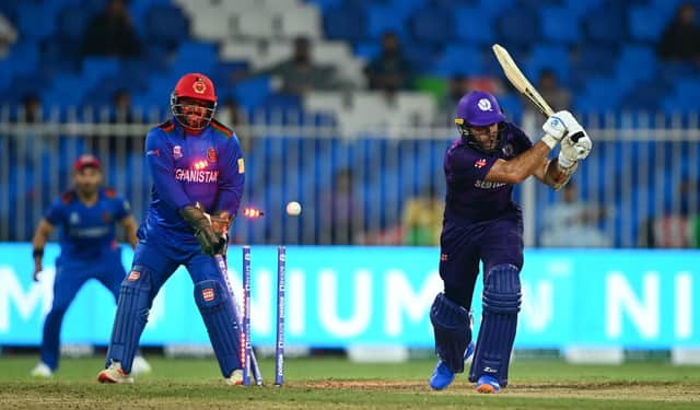 Kyle Coetzer of Scotland is bowled by Mujeeb Ur Rahman of Afghanistan.