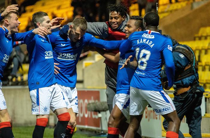 3/3/21 - By March it was a case of when, rather than if Rangers would be champions. With emotions running high - and 55th minute fireworks fired into the sky - Steven Gerrard watched from the stand as Rangers ground out a 1-0 win thanks to Morelos' 85th minute tap in after a first-half flashpoint that led to the manager being sent off for protesting the striker's simulation booking that was later rescinded.