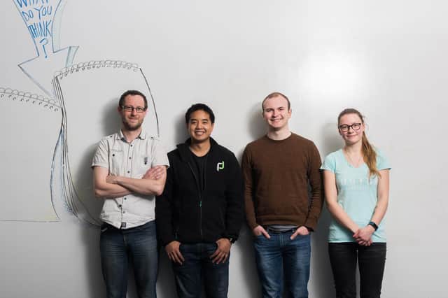 From left: Donald Mackintosh, CEO Roy Hotrabhvanon, CTO Hayden Ball, and Beth Gray of Player Data. Picture: Gordon Burniston.