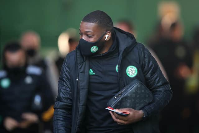 Olivier Ntcham of Celtic  arrives at the stadium prior to the Ladbrokes Scottish Premiership match between Celtic and St. Johnstone at Celtic Park on December 06, 2020 in Glasgow, Scotland.(Photo by Ian MacNicol/Getty Images)