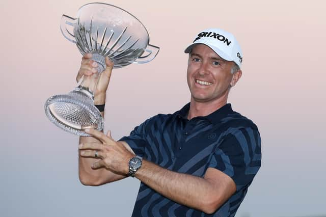 Martin Laird celebrates with the trophy after winning the Shriners Hospitals For Children Open at TPC Summerlin in Las Vegas. Picture: Matthew Stockman/Getty Images