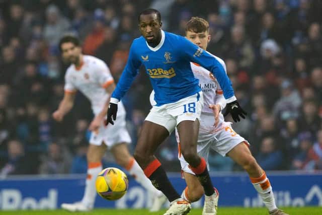 Glen Kamara in action for Rangers during a cinch Premiership match between Rangers and Dundee United at Ibrox Stadium, on December 18, 2021, in Glasgow, Scotland. (Photo by Alan Harvey / SNS Group)