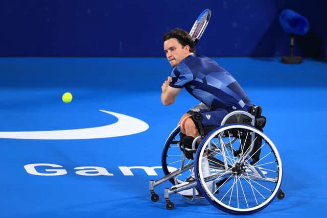Gordon Reid of Team Great Britain competes against Alfie Hewett of Team Great Britain in the men's singles Wheelchair Tennis bronze medal match on day 11 of the Tokyo 2020 Paralympic Games at Ariake Tennis Park on September 04, 2021 in Tokyo, Japan. (Photo by Carmen Mandato/Getty Images)