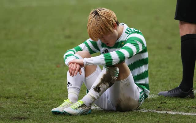 Celtic's Kyogo Furuhashi suffers a recurrence of the hamstring problem that will now keep him out "for week", according to his manager Ange Postecoglou who has "assured the issues won't have ended his debut campaign in Scotland. (Photo by Craig Williamson / SNS Group)