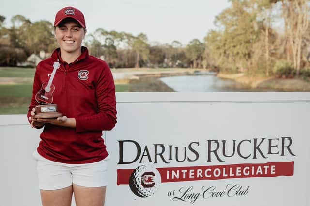 South Carolina's Hannah Darling shows off her trophy after sharing top spot in the Darius Rucker Intercollegiate. Picture: University of South Carolina.