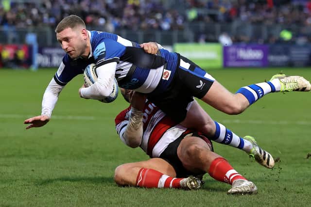 Bath's Finn Russell is tackled by George McGuigan during the Gallagher Premiership match at The Recreation Ground. (Photo by David Rogers/Getty Images)