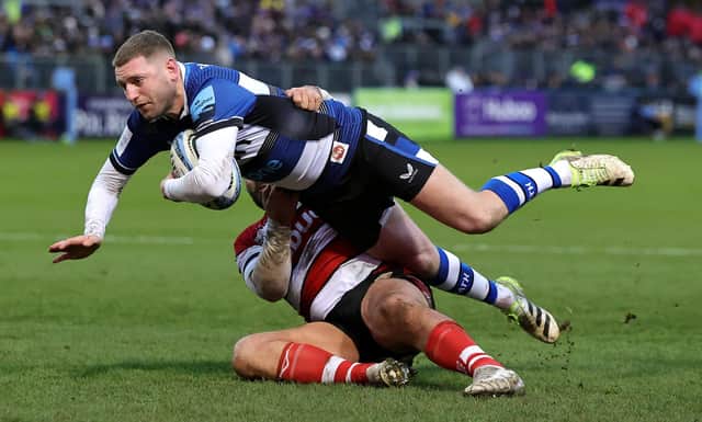 Bath's Finn Russell is tackled by George McGuigan during the Gallagher Premiership match  at The Recreation Ground. (Photo by David Rogers/Getty Images)
