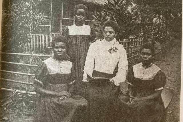 Lena Clark with missionary helpers in 1903. Photo from the book: African Testimony in the Movement for Congo Reform by Robert Burroughs.