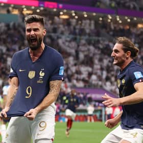 Olivier Giroud celebrates after scoring France's second goal against England. It proved the winner as France reached the semi-final of the World Cup, where they play Morocco  (Photo by Catherine Ivill/Getty Images)