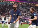 Olivier Giroud celebrates after scoring France's second goal against England. It proved the winner as France reached the semi-final of the World Cup, where they play Morocco  (Photo by Catherine Ivill/Getty Images)