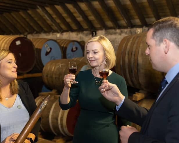 Conservative leadership hopeful Liz Truss and Scottish Tory leader Douglas Ross visit the BenRiach distillery. Picture by Paul Campbell/Getty Images