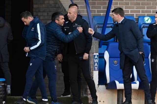 St Johnstone's Callum Davidson and Rangers' Steven Gerrard, pictured at McDiarmid Park last month, are both on the shortlist for the William Hill SFWA Manager of the Year award. (Photo by Rob Casey / SNS Group)