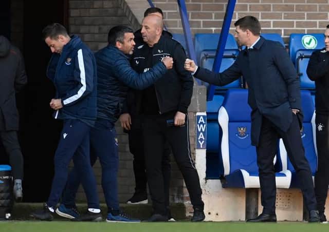 St Johnstone's Callum Davidson and Rangers' Steven Gerrard, pictured at McDiarmid Park last month, are both on the shortlist for the William Hill SFWA Manager of the Year award. (Photo by Rob Casey / SNS Group)