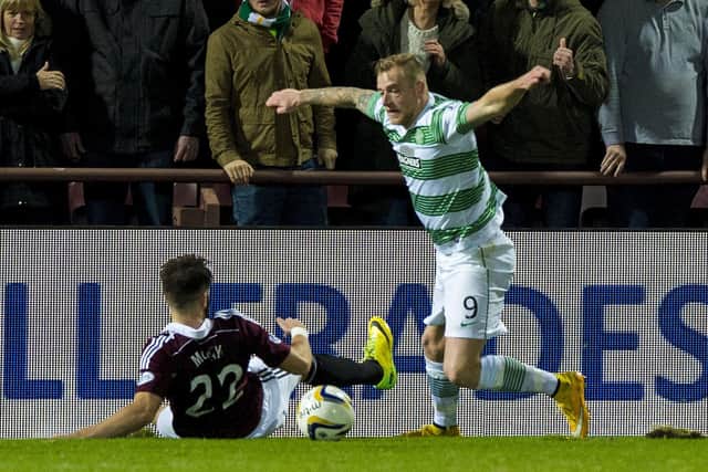 Celtic's John Guidetti won a penalty for this incident against Hearts in 2014.