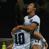 Priscila Chincilla and Clare Shine celebrate the equalising strike against Servette on Wednesday. Photo credit: Tommy Hughes.