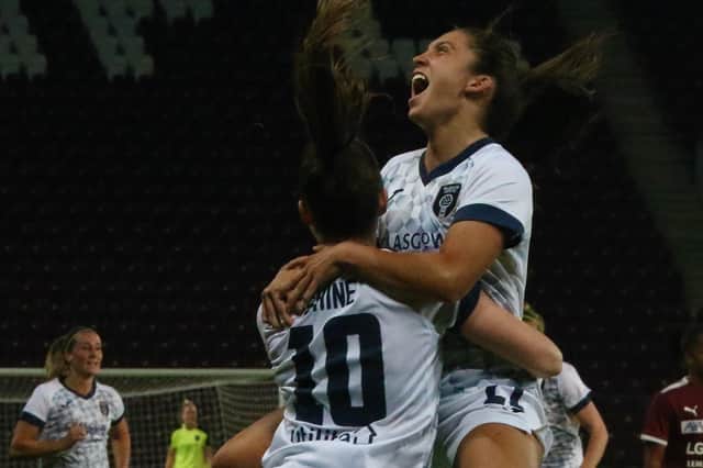 Priscila Chincilla and Clare Shine celebrate the equalising strike against Servette on Wednesday. Photo credit: Tommy Hughes.