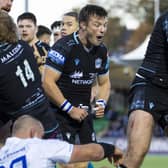 Glasgow Warriors' George Horne celebrates winning a penalty try during the URC win over Leinster.