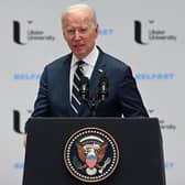 President Joe Biden is pictured at Ulster University in Belfast on Wednesday.